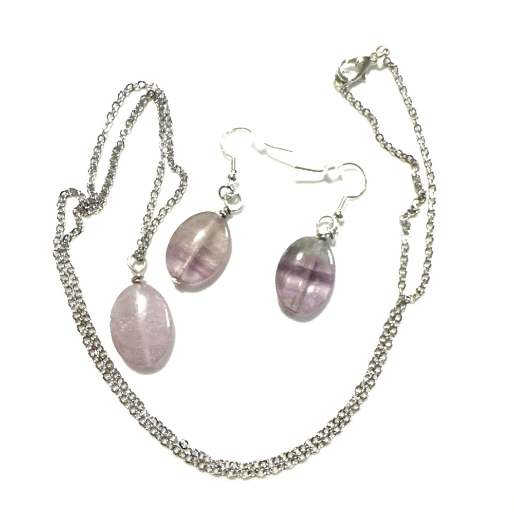 Fluorite Earring Necklace Set Jewelry Bling Silver Tone Genuine Stone Purple